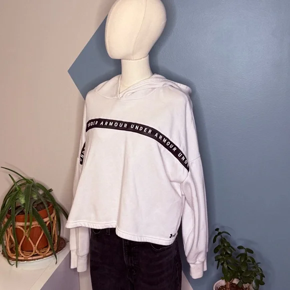Under Armour White Logo Tape Hoodie Loose Fit Women’s Medium Athleisure Fleece - Picture 2 of 12